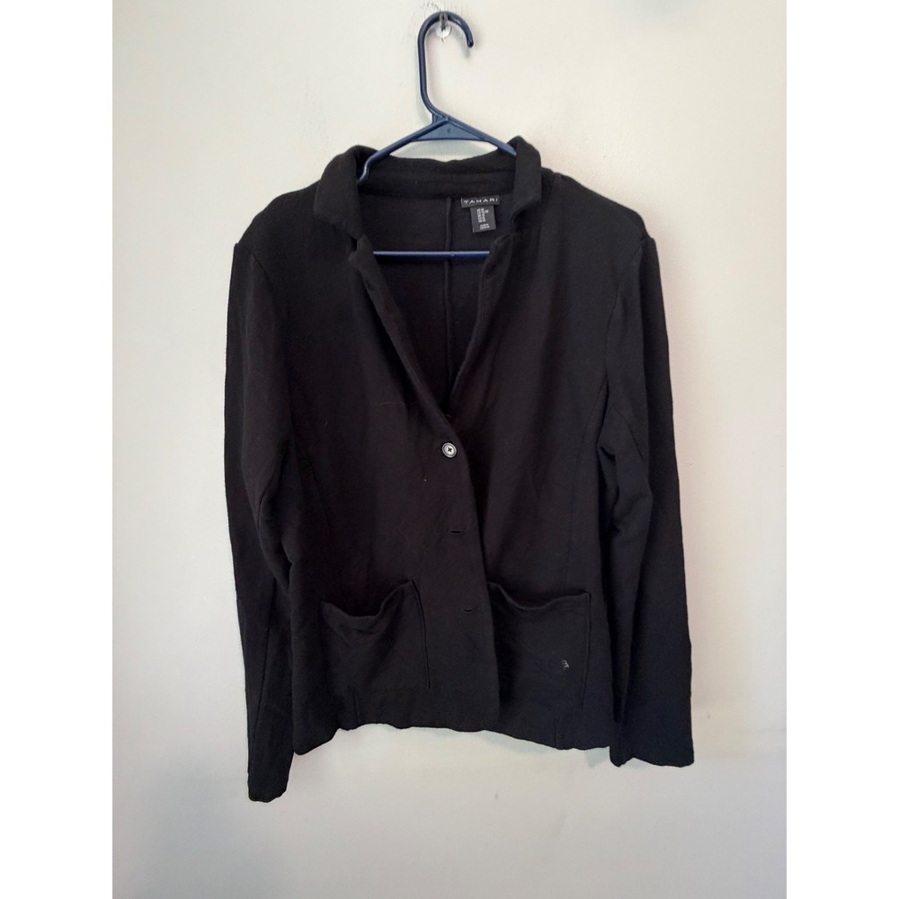 Tahari Womens Black Knit Single Button Blazer Jacket Size XL Long Sleeve Pockets